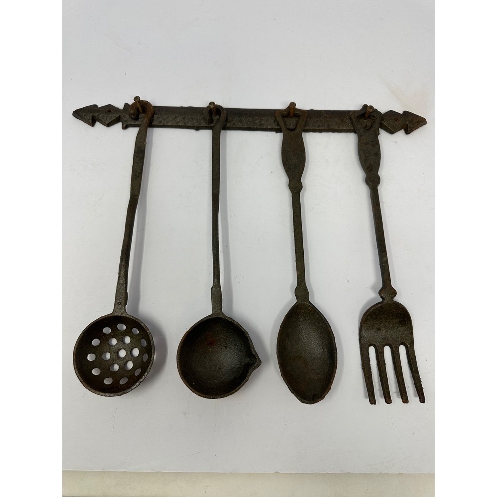 5pc Vintage Cast Iron Kitchen Utensils Wall Hanging Set Fork Spoon Ladle V4